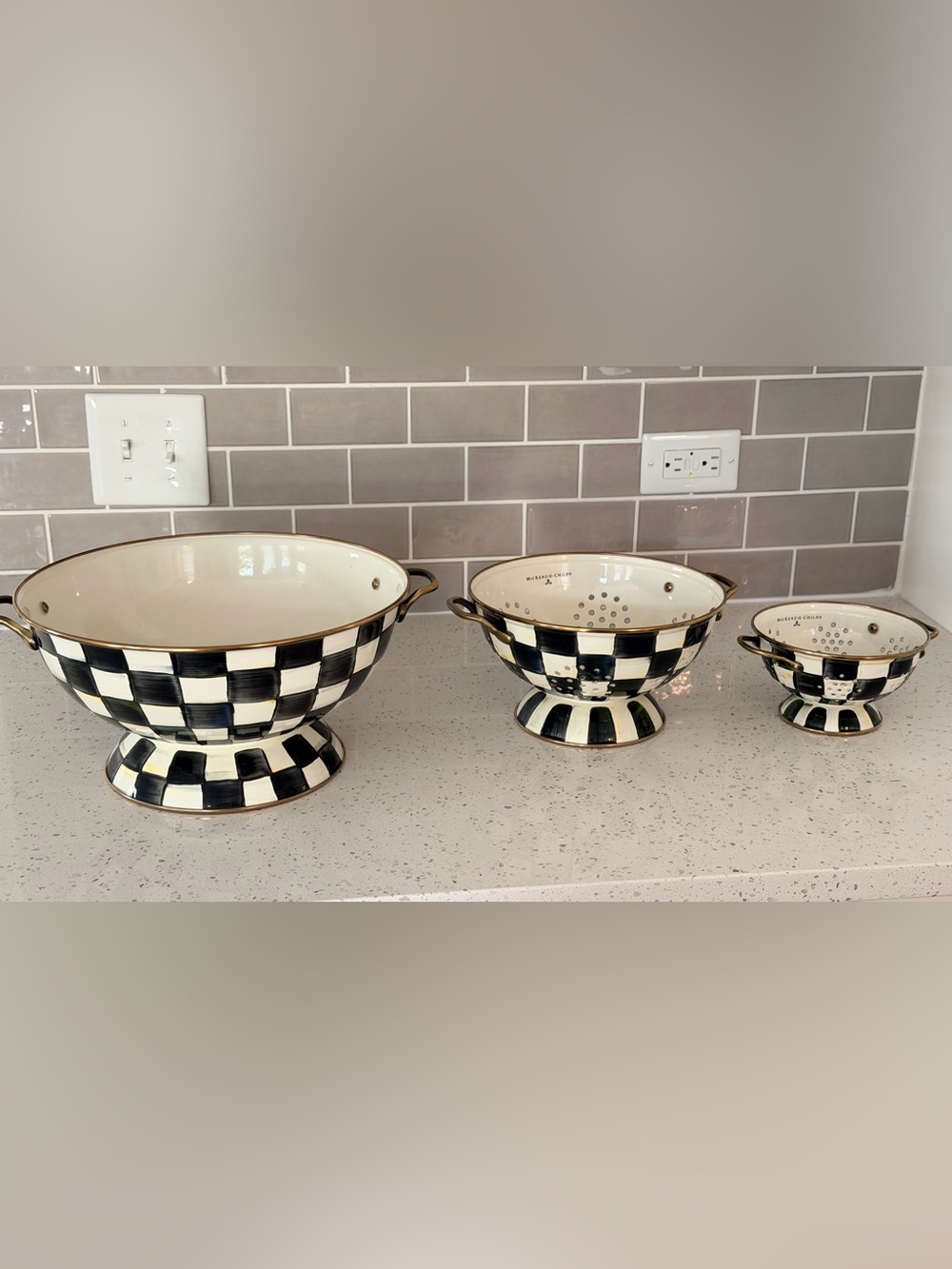 MacKenzie-Childs Black & White Courtly Check Pedestal Colander with Gold Trim
